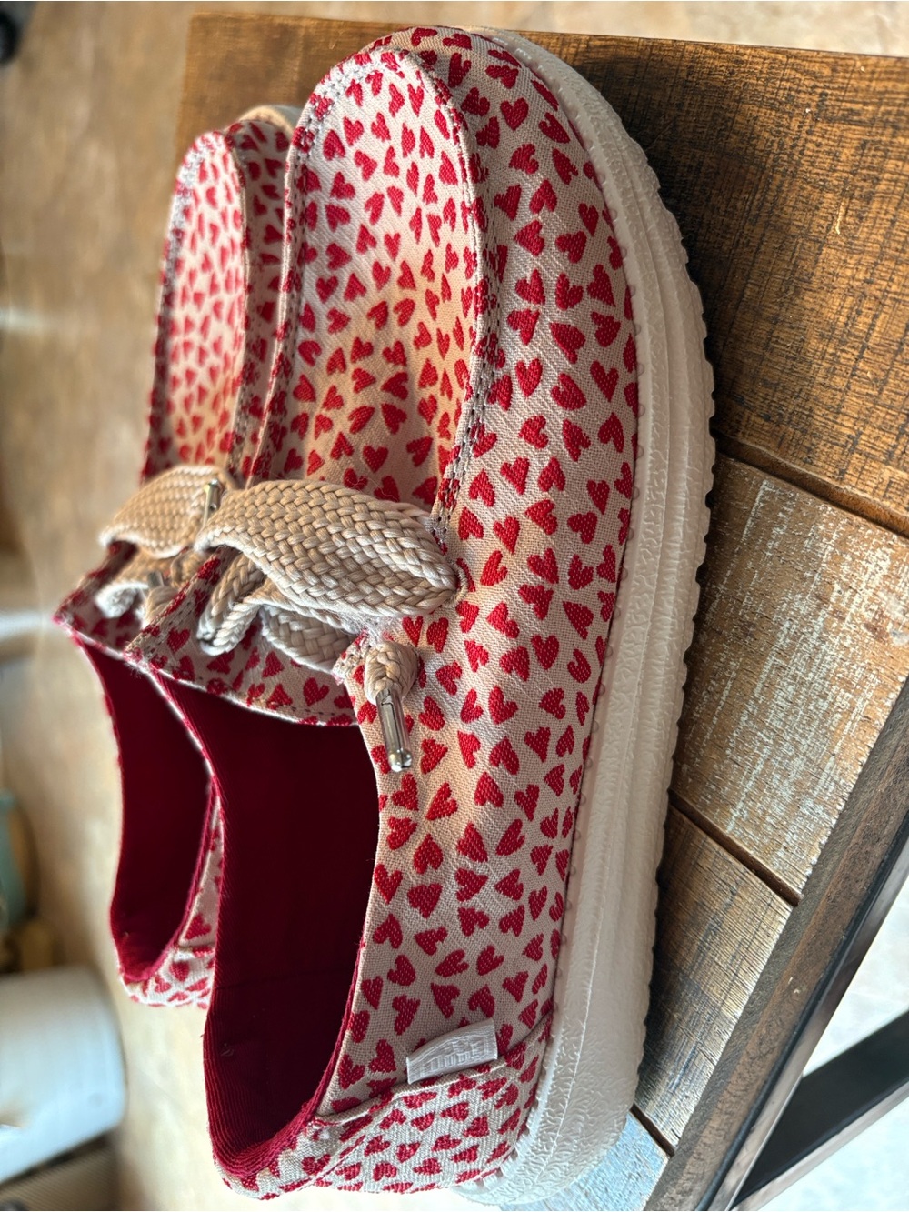 Hey Dude Woman’s size 7 Heart-Print Slip Ons in Red and White - Picture 15 of 15